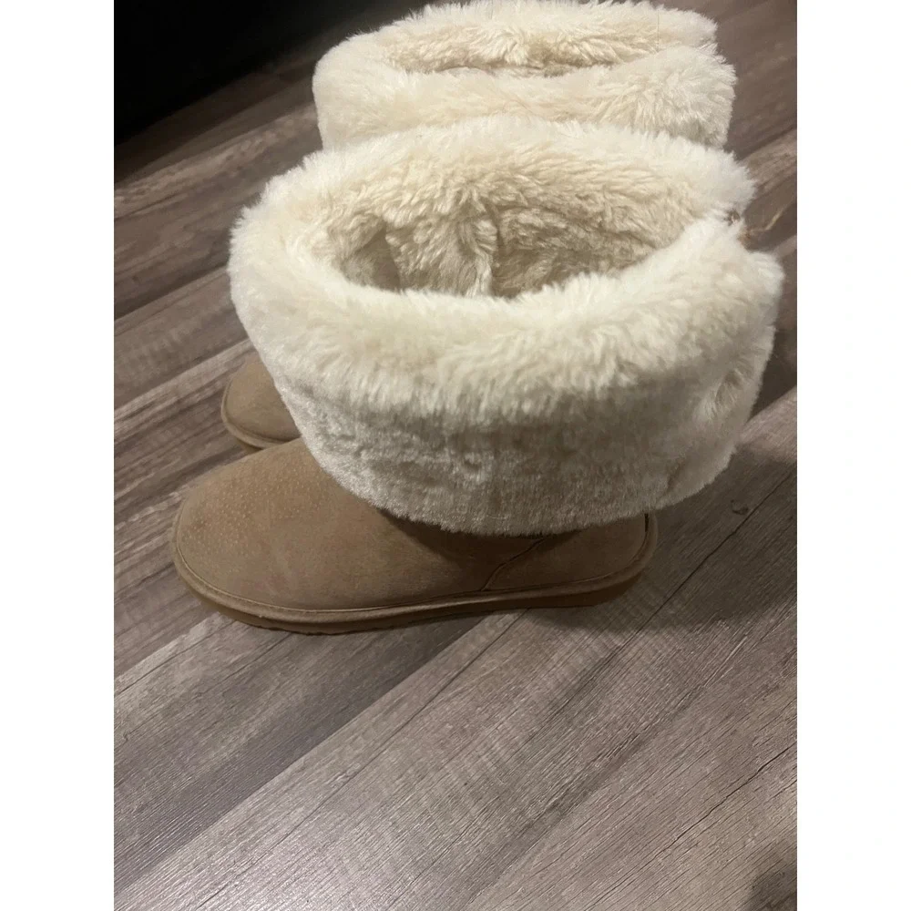Lamo Women Tan Suede Faux Fur Fold Over Tall Winter Boots Strappy Chestnut